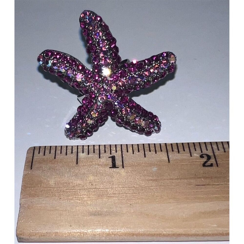 Neon Fuchsia Pink Crystal Starfish Adjustable Ring Ocean Theme - Picture 6 of 6